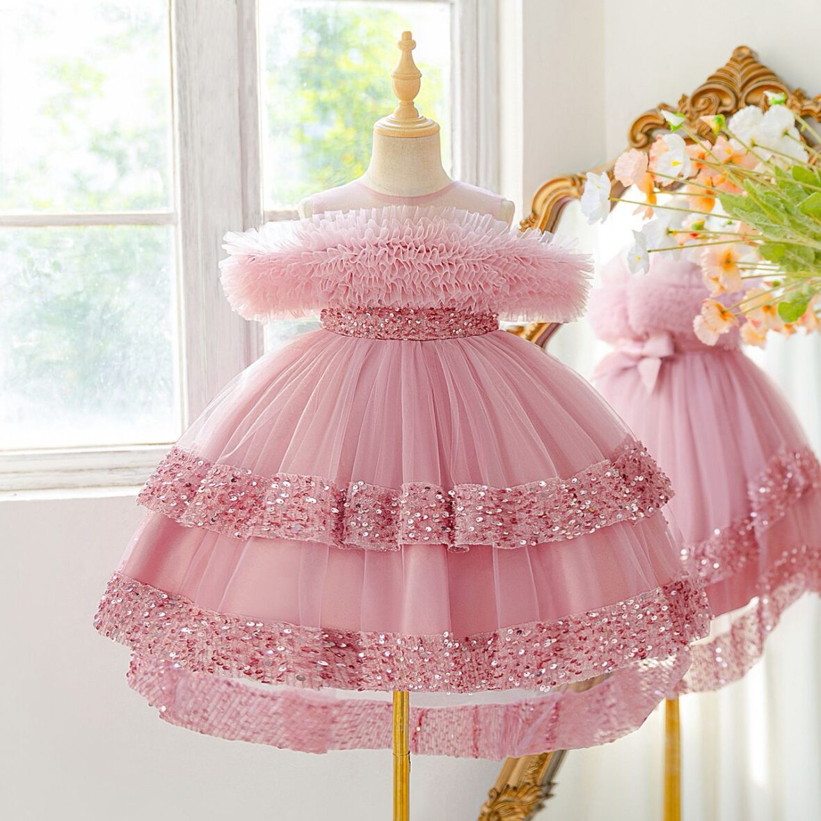 Kids Girls Pink Tulle Party Dress with Sequins and Off-Shoulder Ruffle