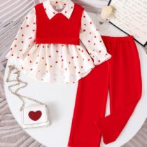 Kids Girls Red Knit Vest and Collar Heart Print Blouse 3pcs