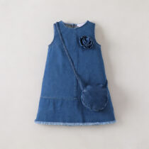 Kids Girls Sleeveless Denim Dress with Flower Detail and Matching Purse – Casual Wear (1)