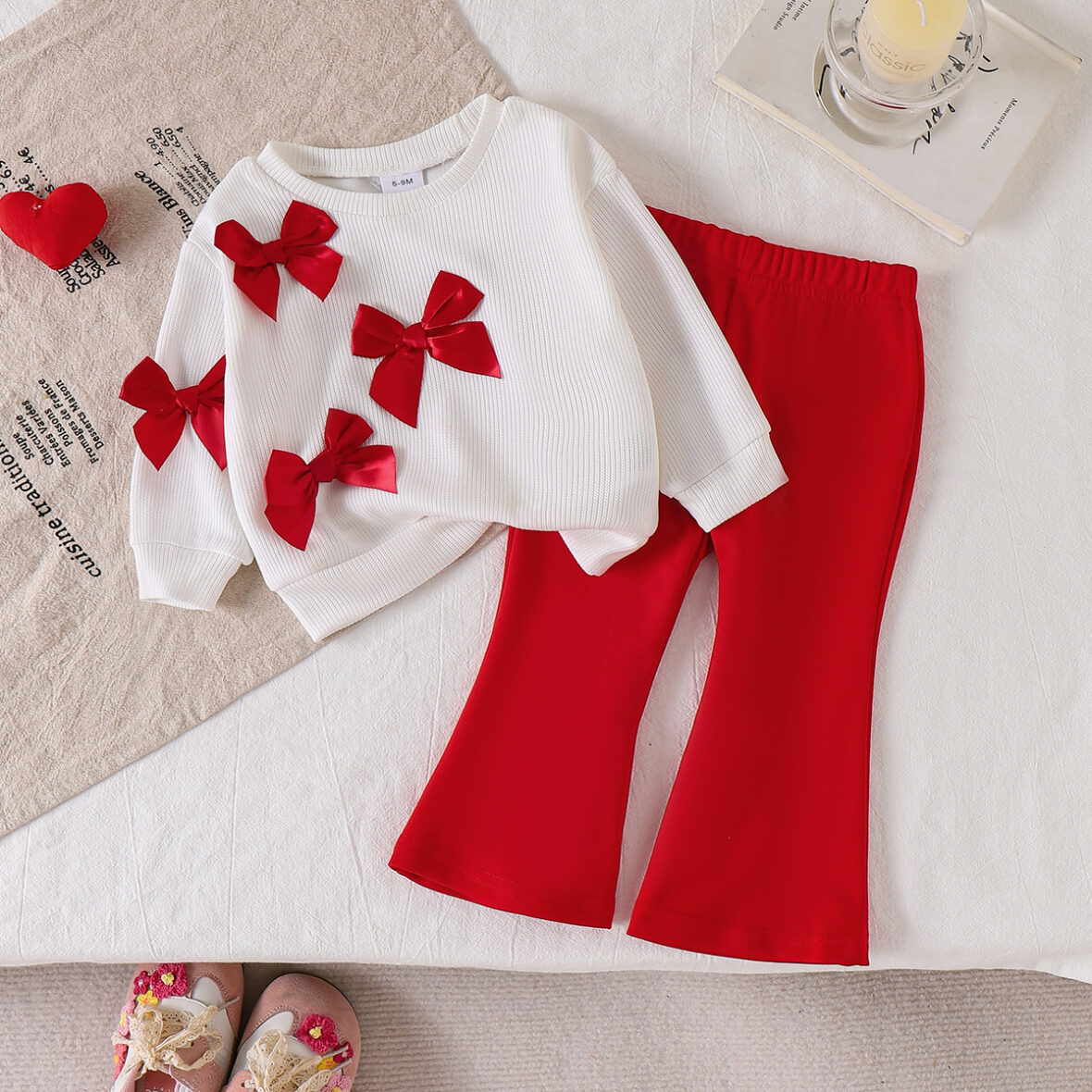 Toddler And Baby Girls Red Bow Top and Flared Pants Set 2pcs