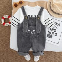 Toddler And Kids Denim Overalls Outfit with Striped Tee Shirt, Dungarees