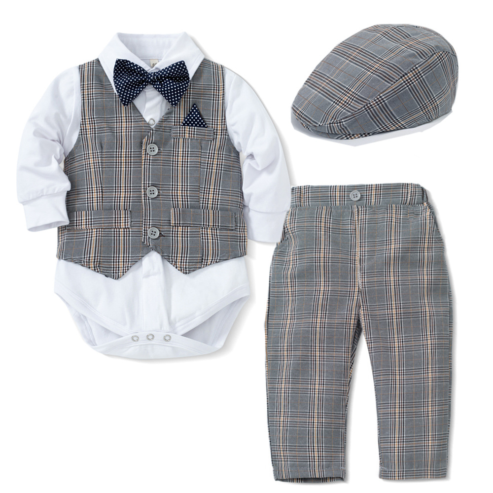 Toddlers And Baby Boys Plaid Vest, Pin Down Cotton Shirt With Matching Pants, Cap, and Bow Tie