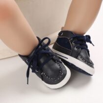 Baby Boys Black Leather Sneakers Pre Walker with White Soles