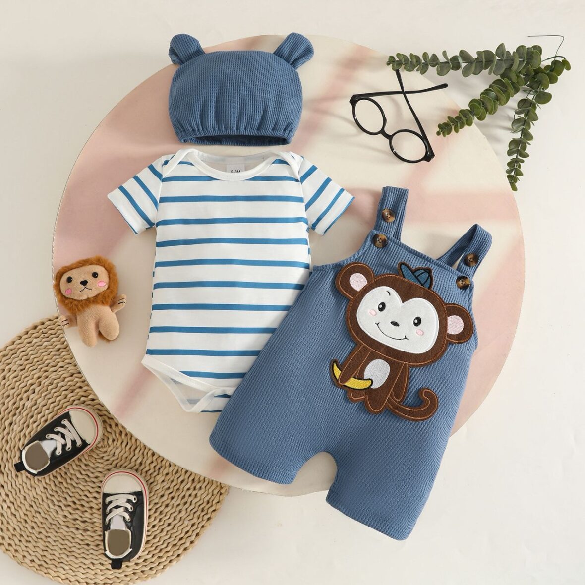 Baby Boys Blue Teddy Overall Outfit/Dung Set with Striped Onesie and Knit Hat