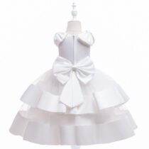 Kids Girls White Bow Puff Sleeve Formal Dress with Pearl (1)