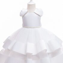 Kids Girls White Bow Puff Sleeve Formal Dress with Pearl (3)