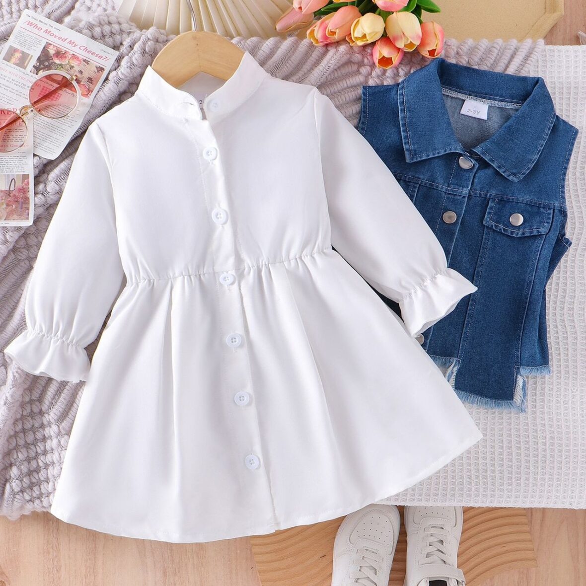 Kids Girls White Button-Front Dress with Denim Vest Outfit Set