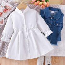 Kids Girls White Button-Front Dress with Denim Vest Outfit Set (1)