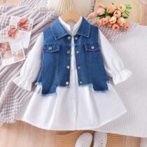 Kids Girls White Button-Front Dress with Denim Vest Outfit Set (2)