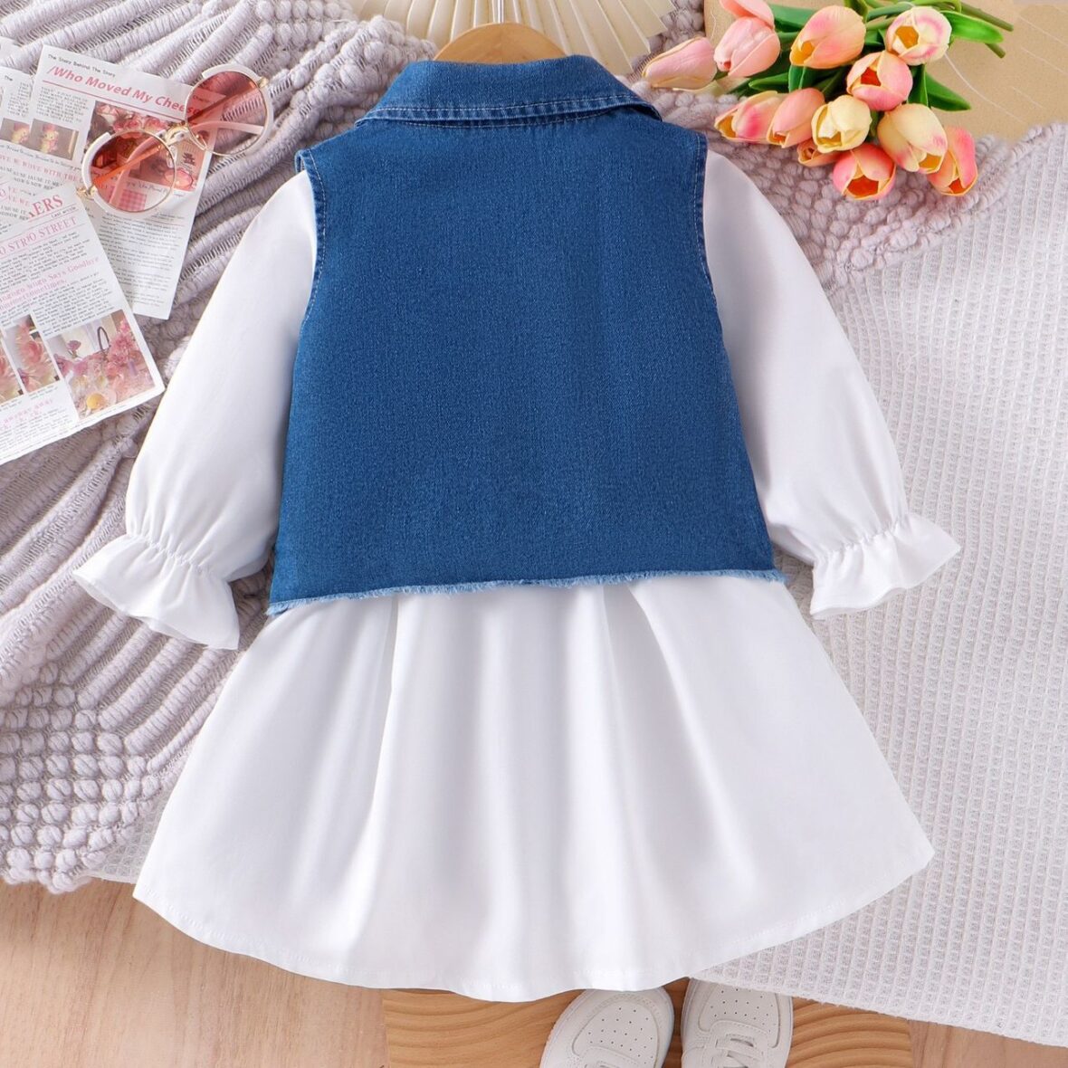 Kids Girls White Button-Front Dress with Denim Vest Outfit Set (3)