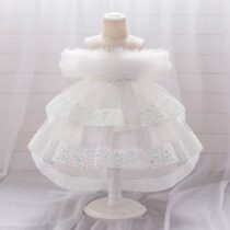 Toddlers and Baby Girls WhiteTulle Dress with Glitter Sleeves and Bow Waist (1)