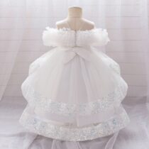 Toddlers and Baby Girls WhiteTulle Dress with Glitter Sleeves and Bow Waist (2)