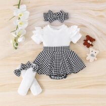 Baby Girls White Ribbed Top with Houndstooth Skirt 2pcs