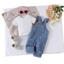 Girls White Ribbed Shirt with Frilled Denim Overalls Outfit Set (2)