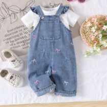 Girls White Ribbed Shirt with Frilled Denim Overalls Outfit Set (3)