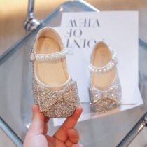Kids Girls Sparkly Rhinestone Dress Shoes with Bow and Pearl Strap