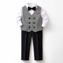 Toddler Boys Waist Coat Complete Set, Bow Tie, Plaid Vest, White Shirt, Black Trouser Pant, Boy’s Party Wear, Suits For Boys