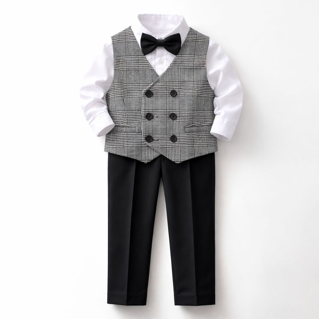 Toddler Boys Waist Coat Complete Set, Bow Tie, Plaid Vest, White Shirt, Black Trouser Pant, Boy’s Party Wear, Suits For Boys