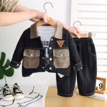 Kids And Toddler Boy Black Denim Jacket Set With White Inner 3pcs