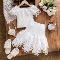 Kids And Toddler Girl White Lace Top And Skirt 2pcs (1)